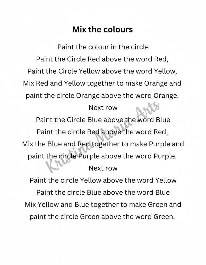 Instructions for mixing colors with circles and words on a white background for free downable print