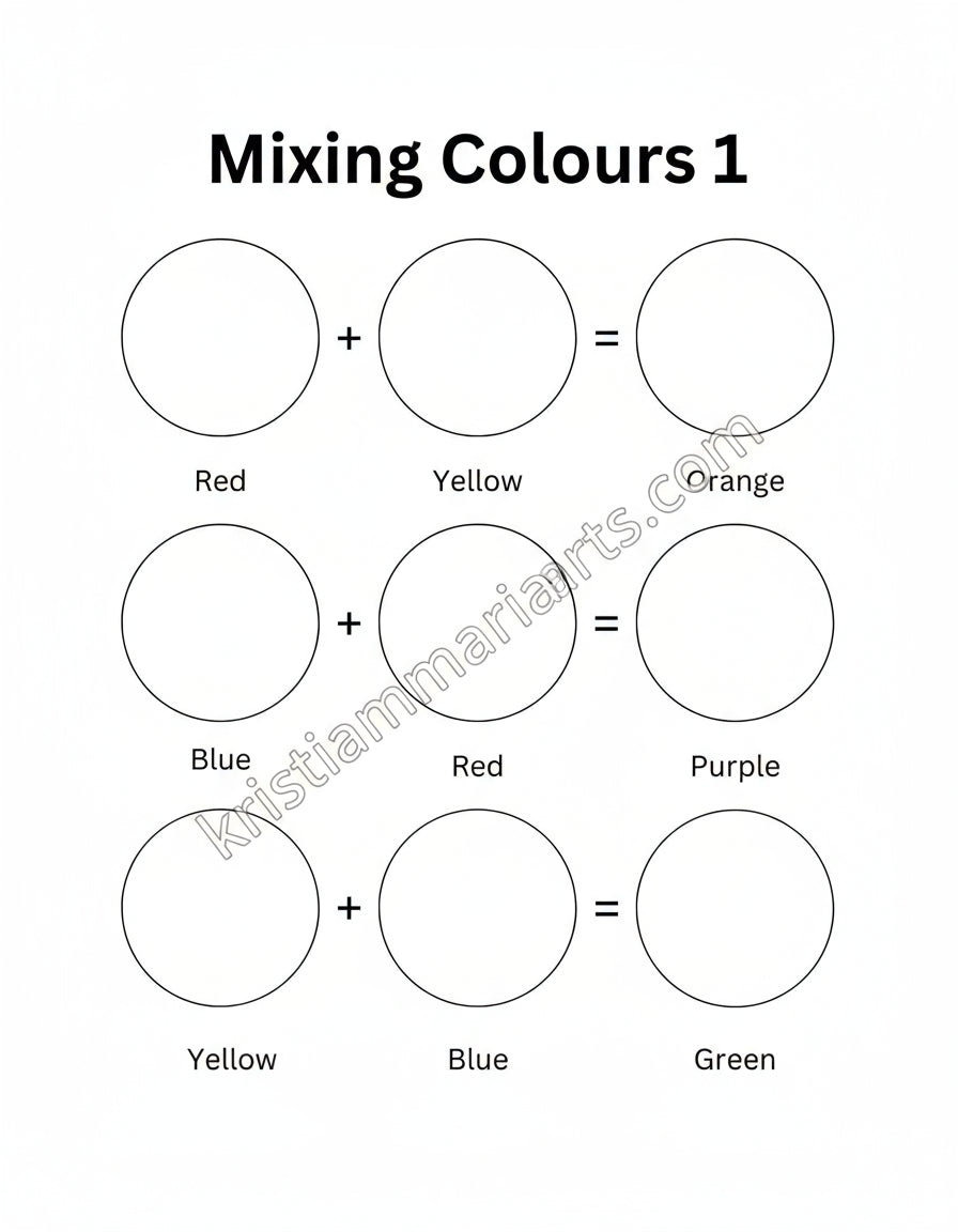 Sheet of paper with color mixing chart for educational purposes for free downable print