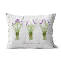 White rectangle Cushion cotton or linen, bunch lavender and French writing reads love lavender