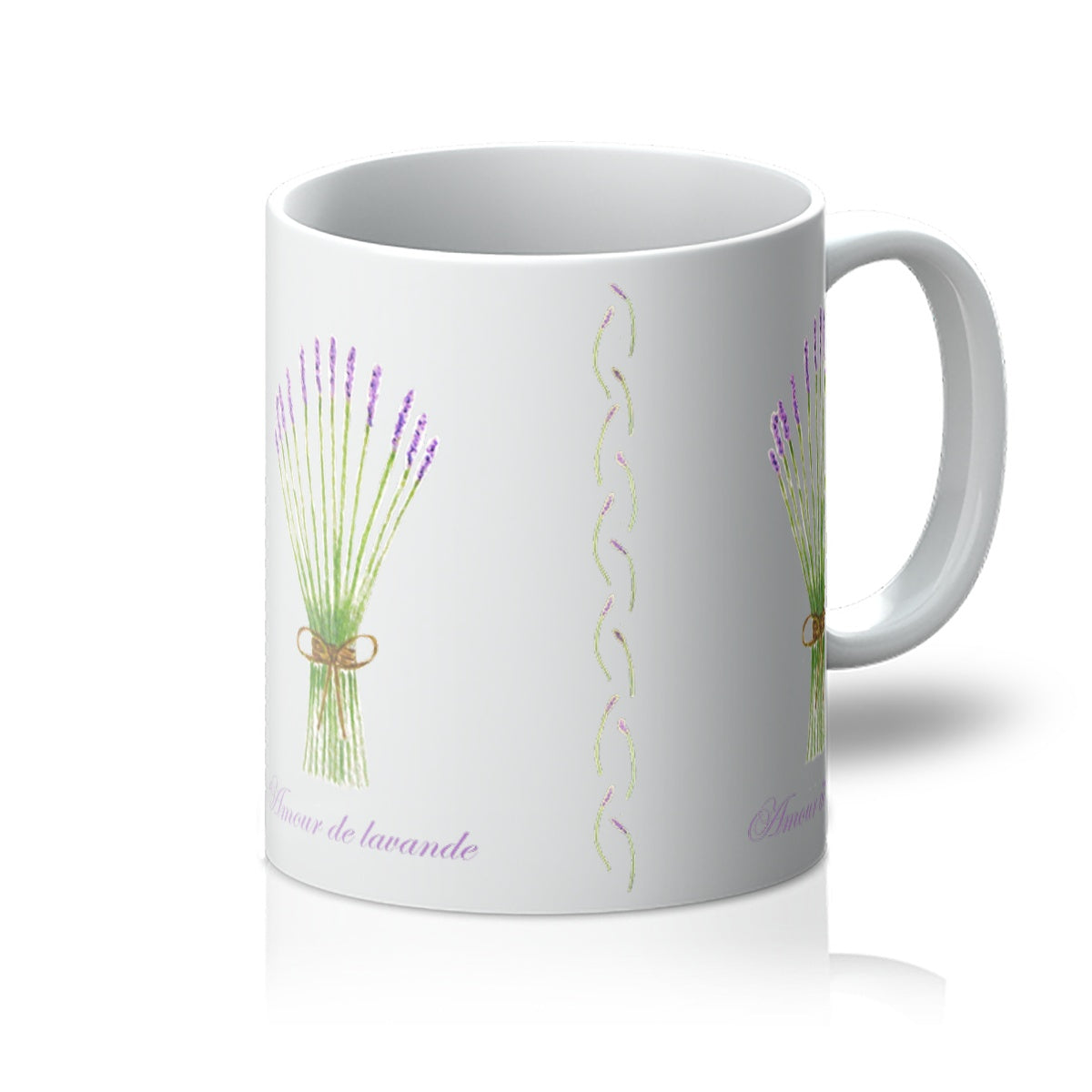 Mug, Cup, with bunch of Lavender flower and french writing reads love lavender