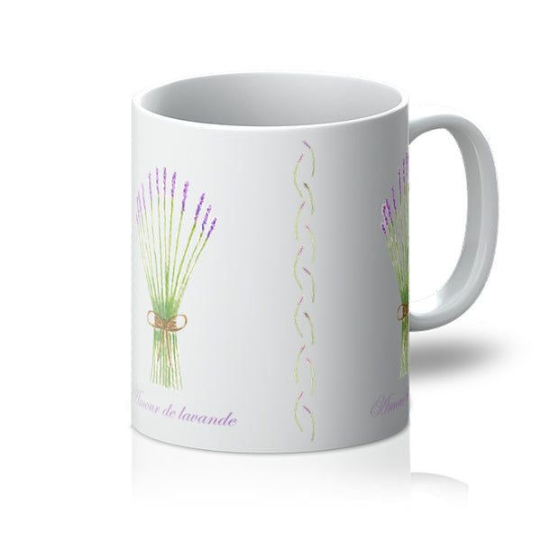 Mug, Cup, with bunch of Lavender flower and french writing reads love lavender