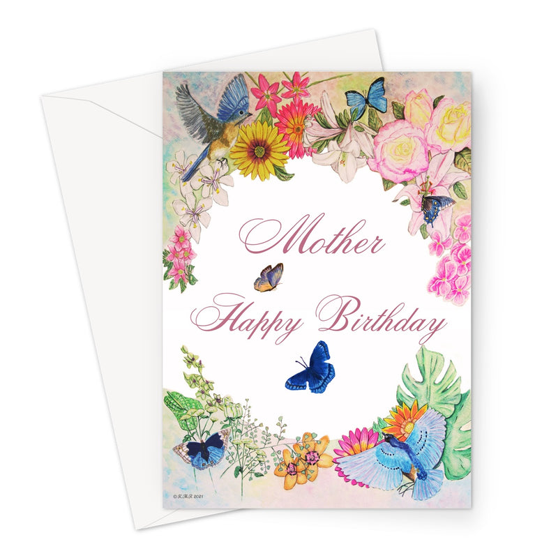 Mother Happy Birthday Card, with Brids, Butterflies and African and English flowers