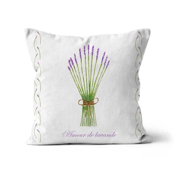 White Square Cushion cotton or linen, bunch lavender and French writing reads love lavender