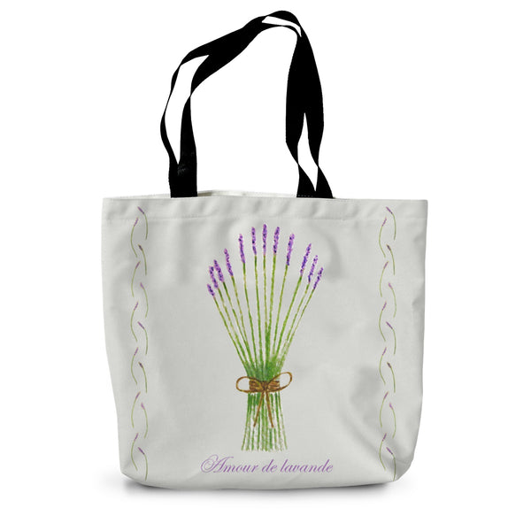Tote Bag white background with bunch of Lavender and french writing reading love lavender