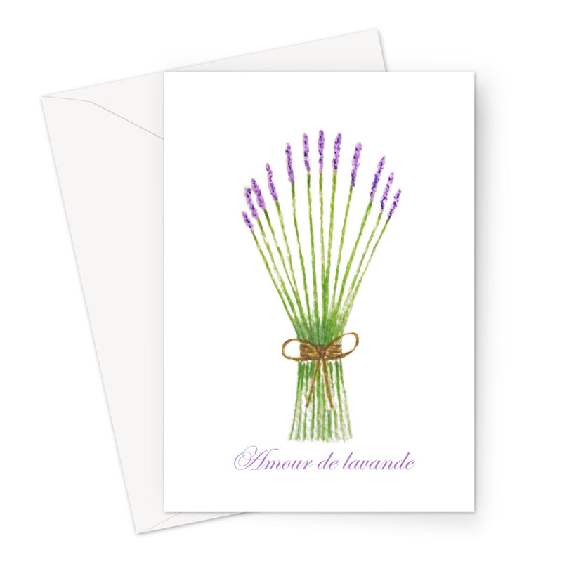 Greetings Card with Painting of a bunch of lavender and french writing reading love lavender