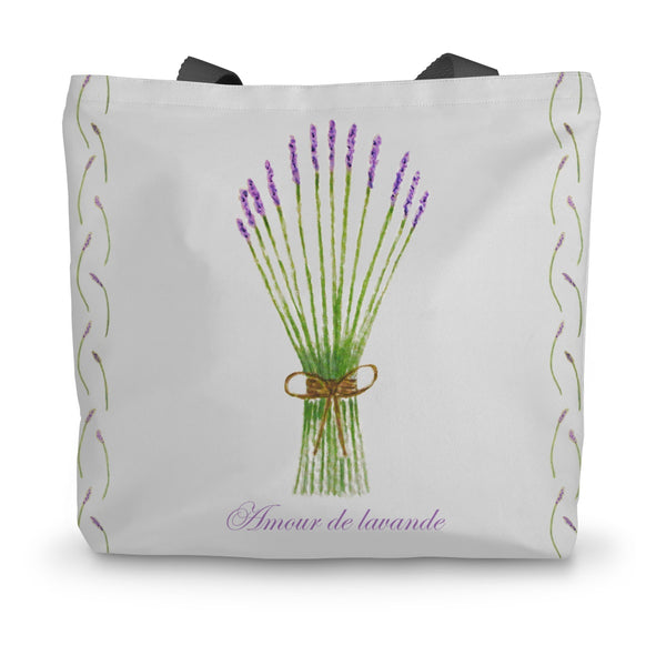 Tote Bag white back ground with Bunch of Lavender and French writing underneath reading Love Lavender 